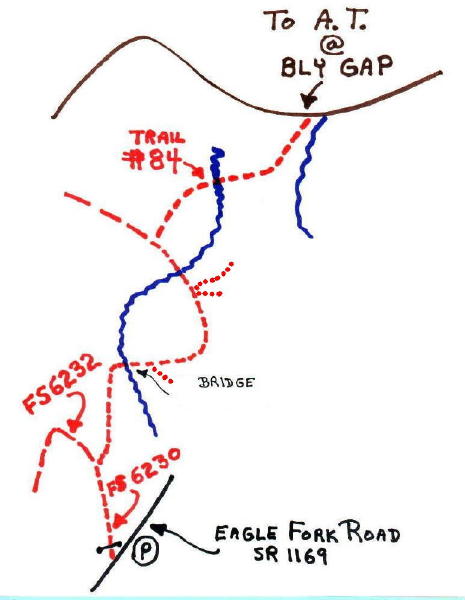 Hand drawn map showing hike from Shooting Creek, NC up the Bly Gap Trail to the Gnarled Tree...   No blazes... Tree actually in NC....  Courtesy elversonhiker@yahoo.com